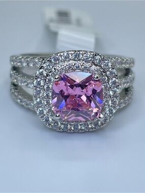Swarovski Crystal Elements Pink White Halo Bold Statement Ring Sz 9